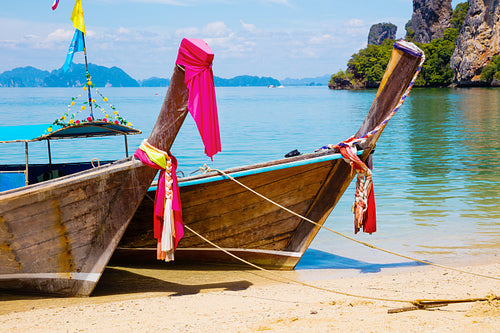 Traditional Thai Longtail Boats Moored At Aonang Beach