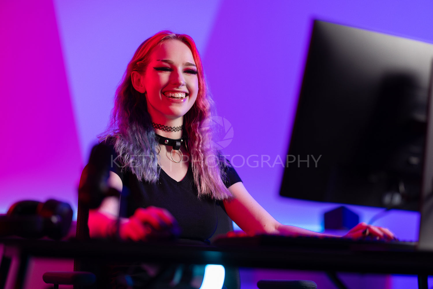 Focused and Happy Professional Gamer Engaged in an Intense Gaming Session