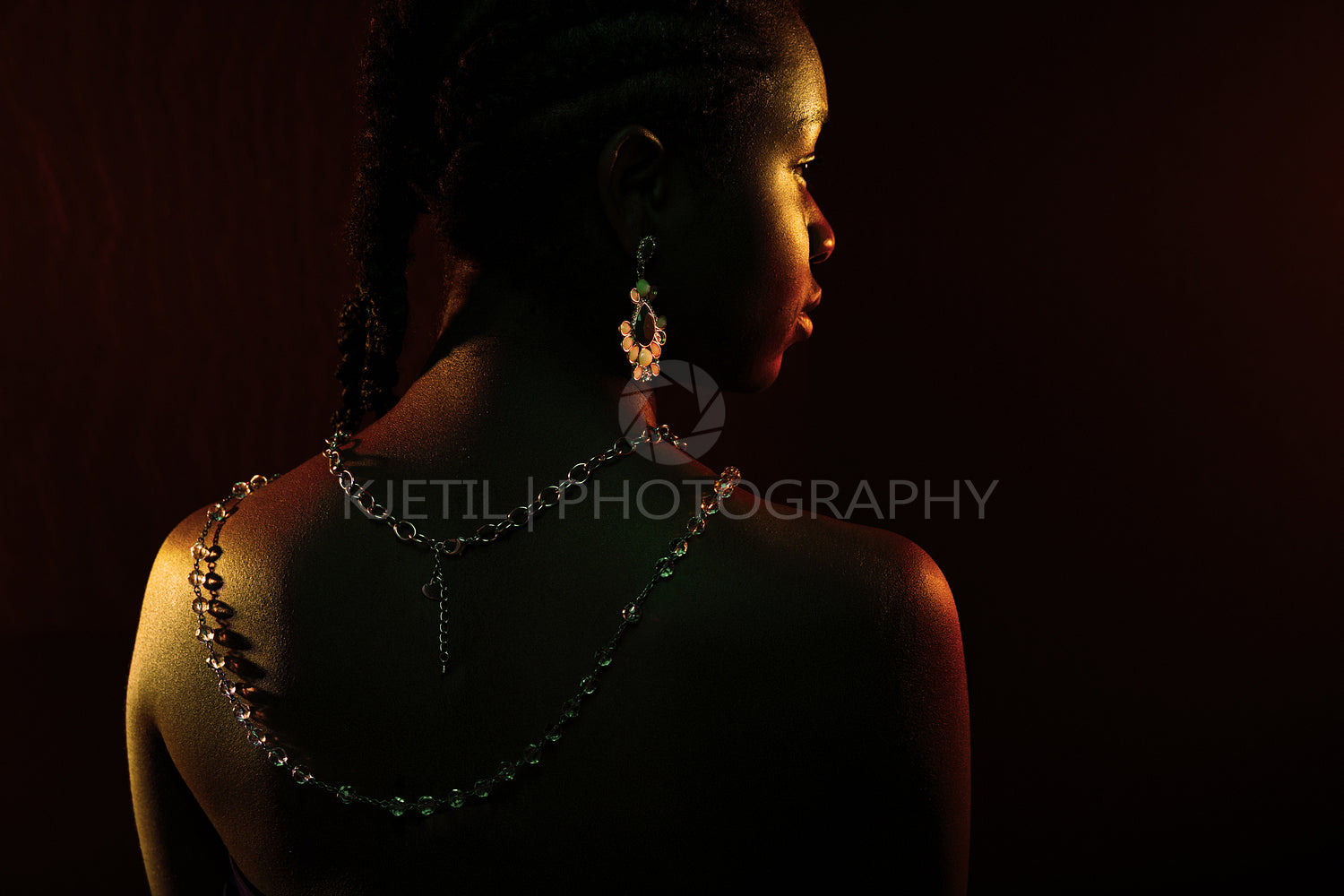 Colorful and creative portrait of african womans back with dark skin