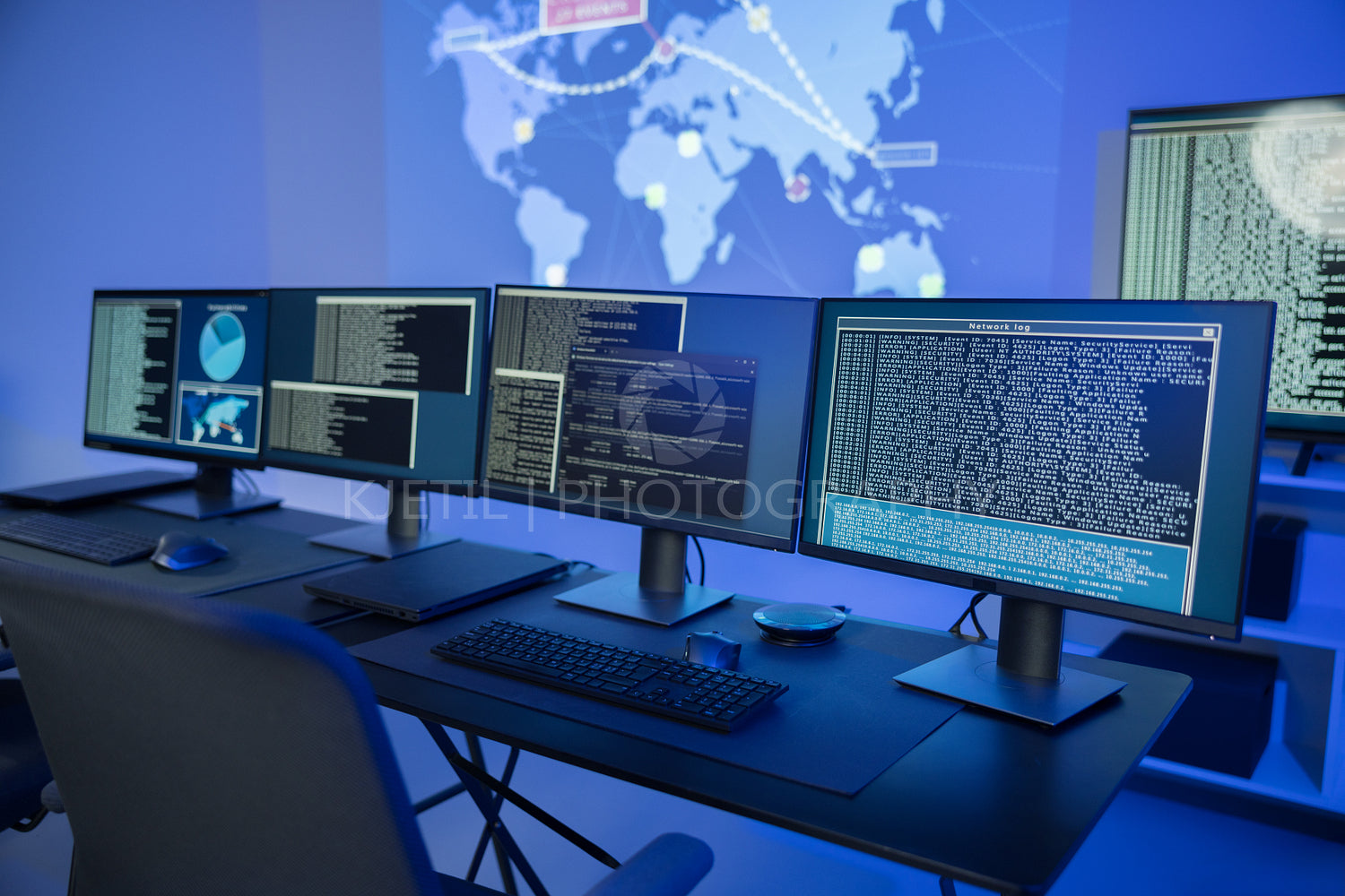 Cyber security command center with multiple monitors displaying data analysis and network information