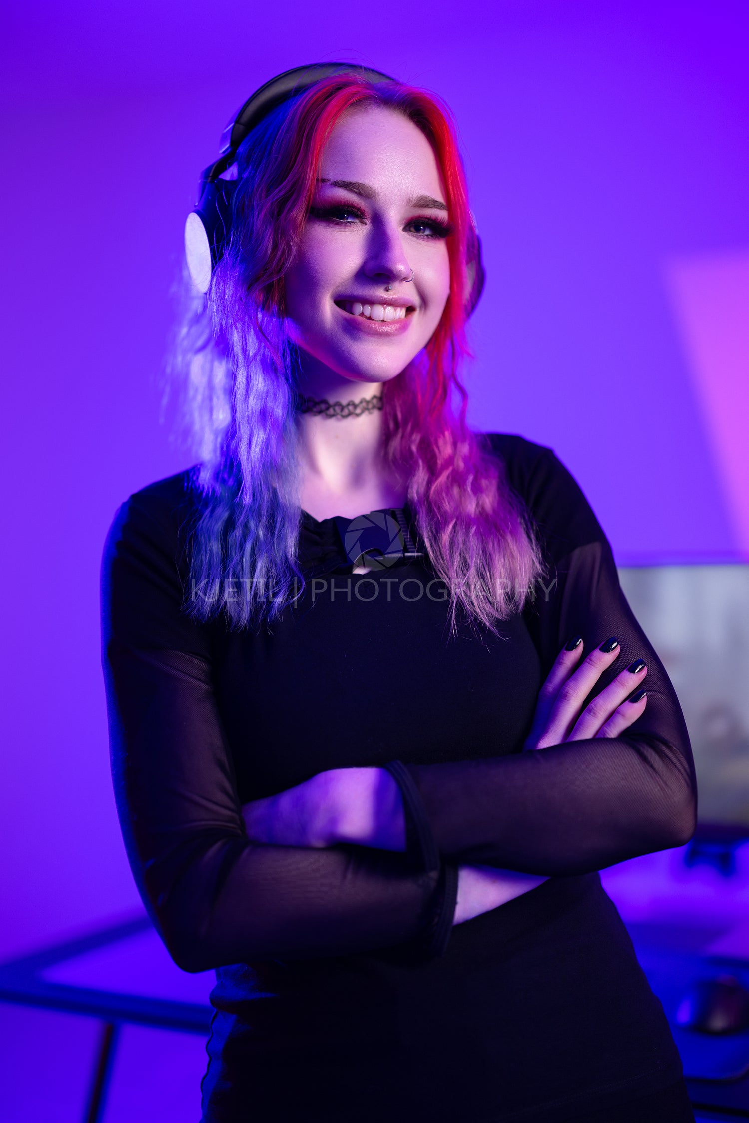 Focused Gamer Playing in a Vibrant Colorful Gaming Room