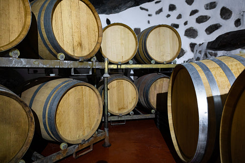 Wooden Barrels in Oak Stored At Wine Cellar Below Ground
