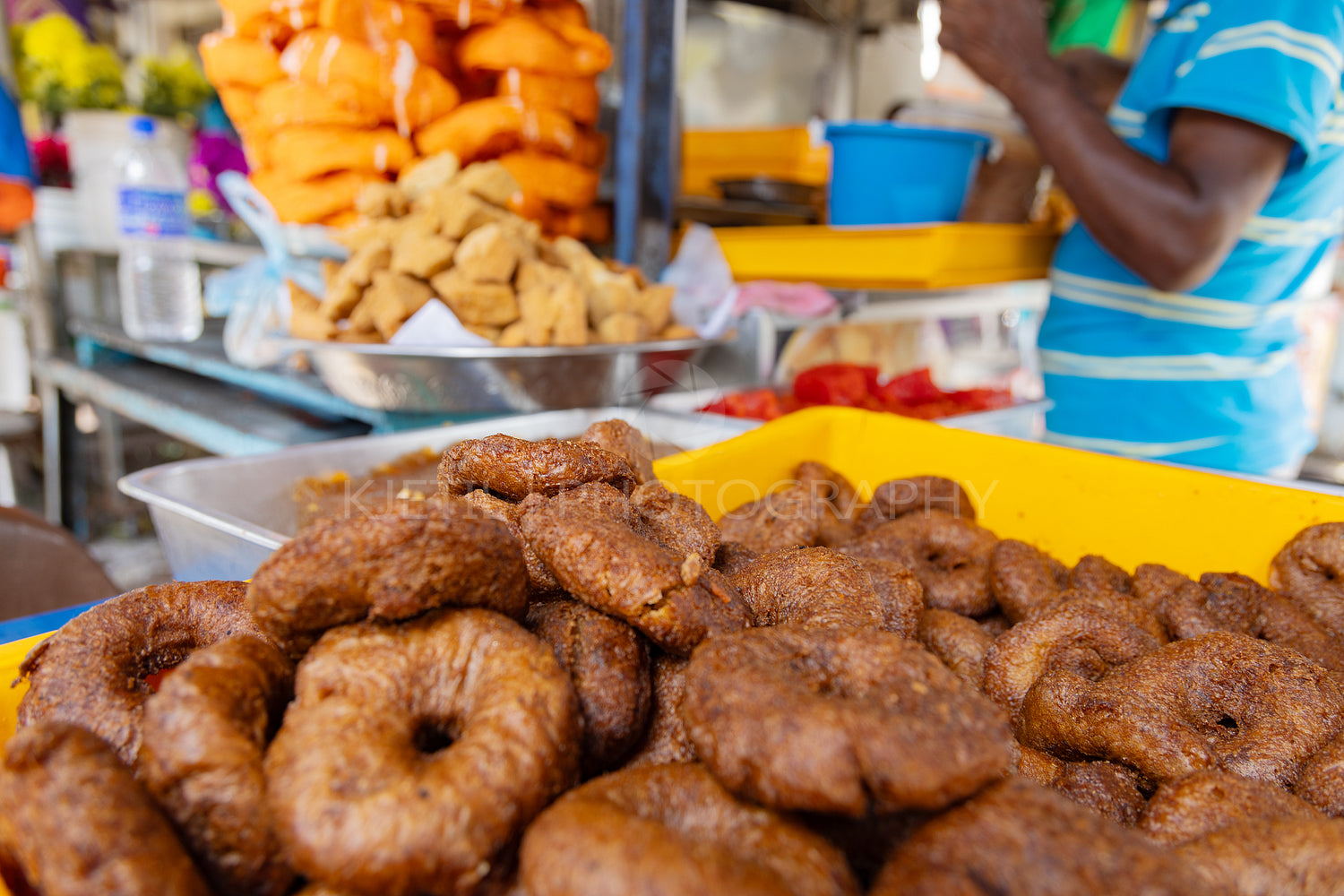 Delicious variety of fried snacks at a street food stall in Asia