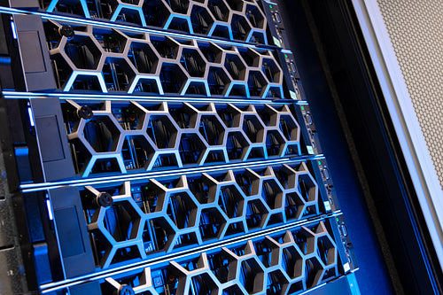 Modern Hardware Illuminated Blue In a Hyperconverged Datacenter Environment