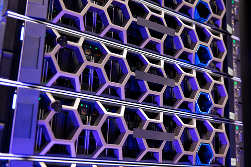 Illuminated Purple Servers In a Hyperconverged Datacenter Environment In Modern Datacenter