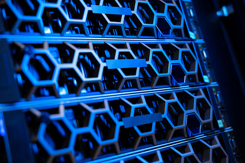 Illuminated Blue Servers In a Hyperconverged Environment In Modern Datacenter