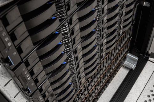 SAN Server Disk Cabinet In Rack At Datacenter
