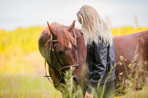 Woman communicate with her beautilful arabian horse friend in the field