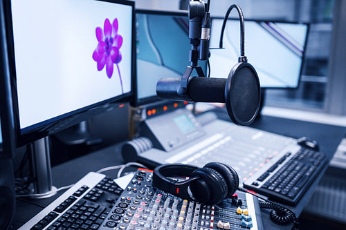 Microphone, Music Mixers And Headphones By Monitors In Radio Stu
