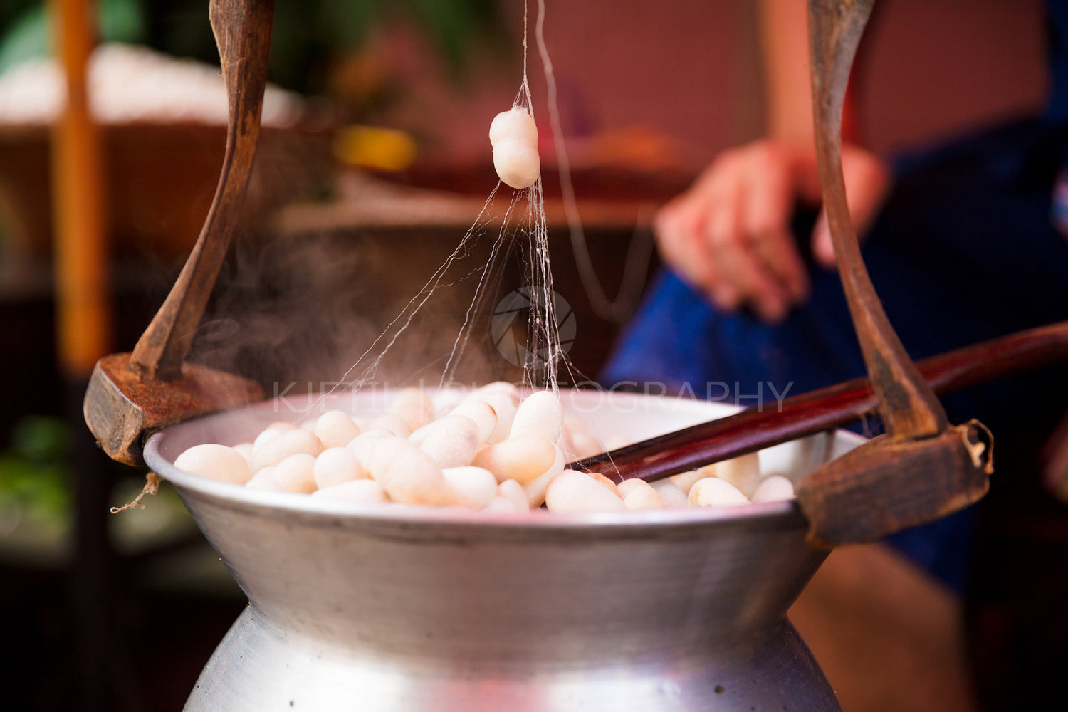 Silk Cocoons Boiling In Large Pot