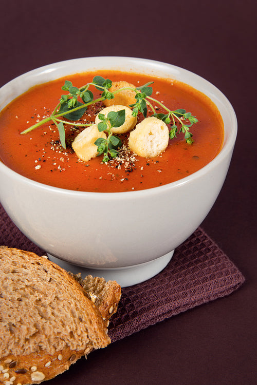 Tomato Soup with Croutons and Herbs