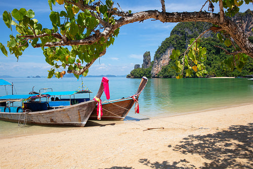 Longtail Boats Moored On Beach in Thailand