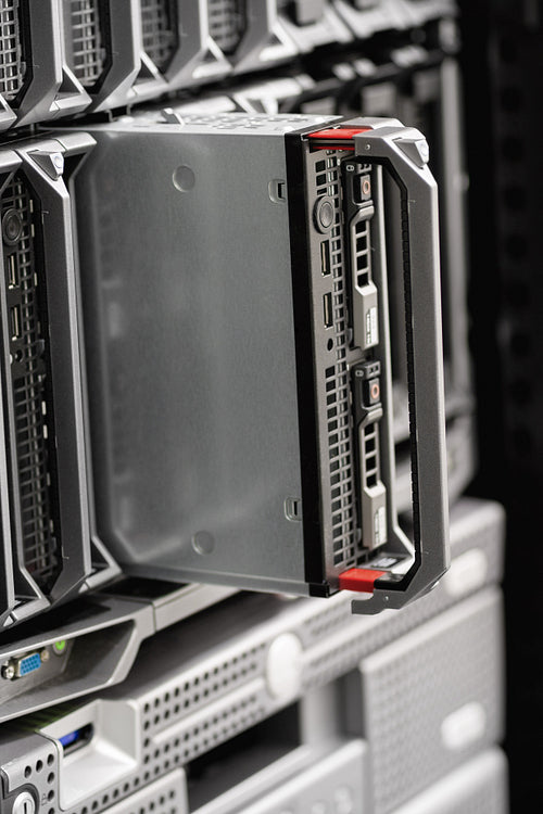 Close-up of Blade Server in Rack At Enterprise Datacenter