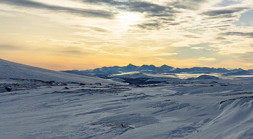 Beautiful sunlight over the landscape of Dovre mountains in Norway at winter