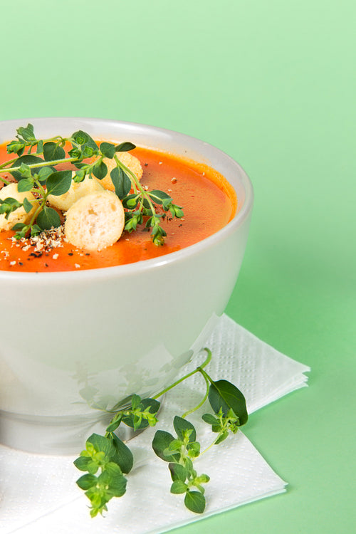 Hot Tomato Soup with Bread and Herbs