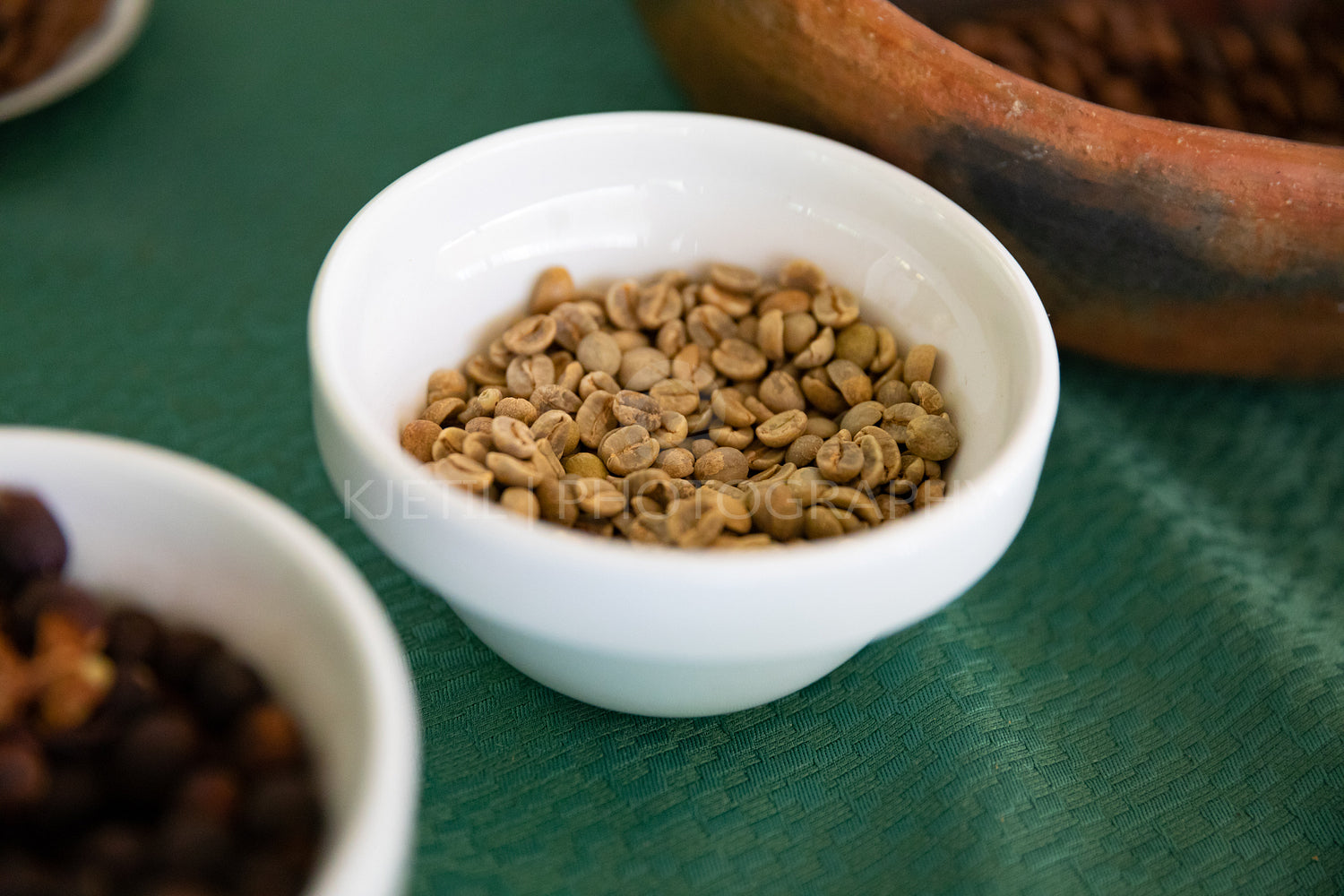 Bowls of beans showing the process of coffee production