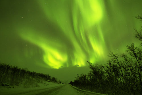 Beautiful aurora borealis northern lights dance over silent road