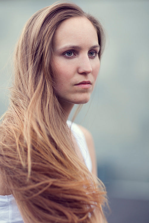 Scandinavian woman model with long brown hair