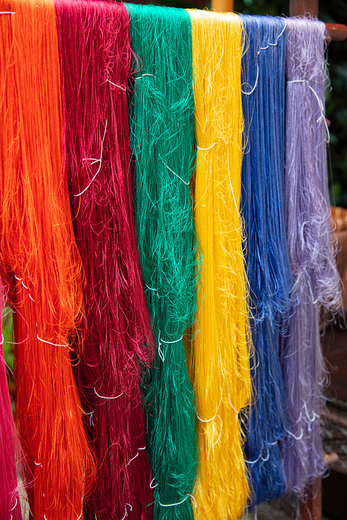 Colorful Silk Yarns Hanging In Manufacturing Factory
