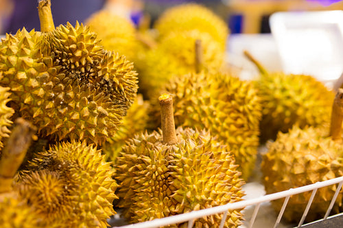 Fresh Durian Fruits For Sale On Market Stall