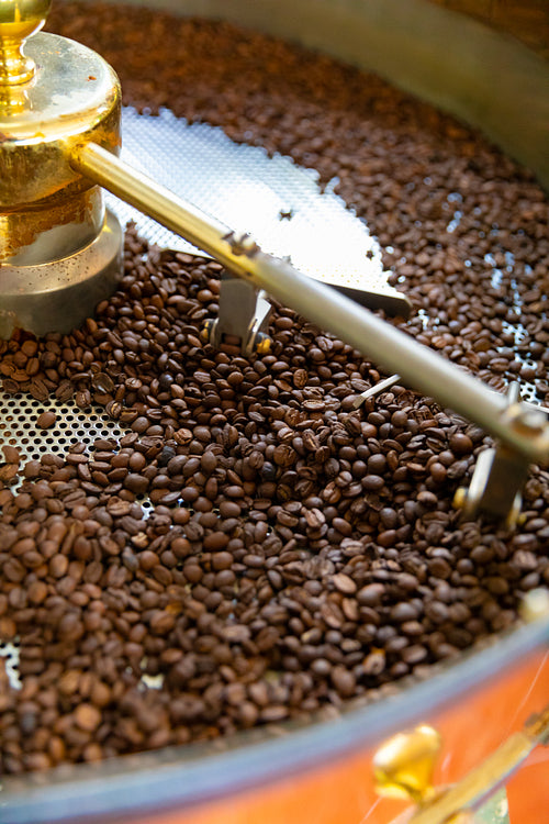 Roasting of Raw Organic Coffee Beans In Small Scale Production
