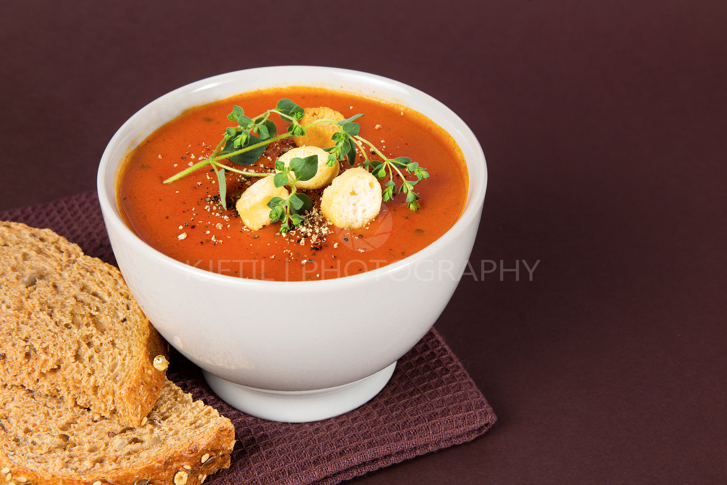 Fresh Tomato Soup with Croutons and Herbs