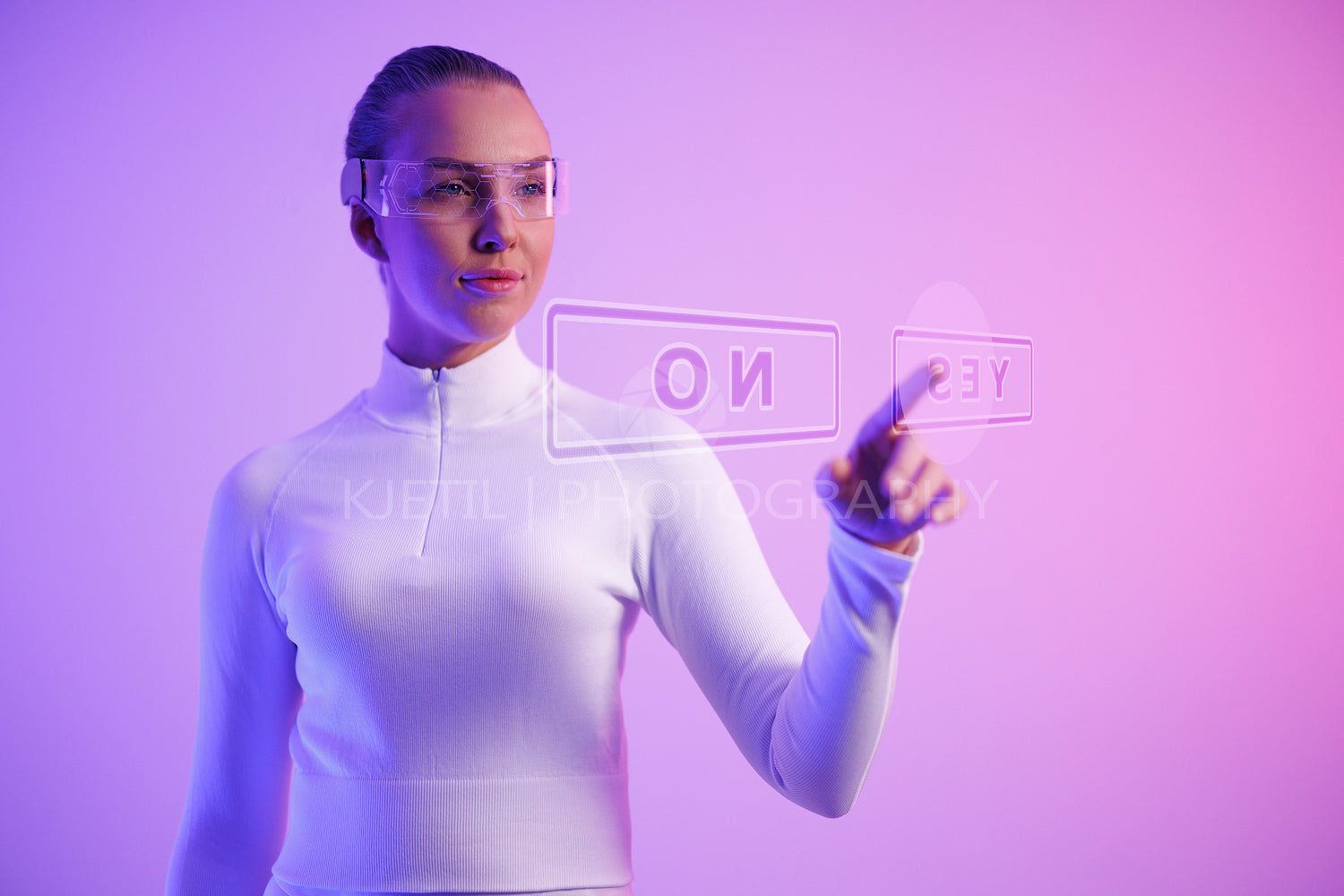 Woman in smartglasses pointing at confirmation buttons against illuminated background