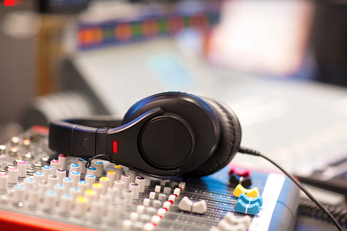 Headphones on Mixer Cord In Radio Studio