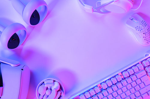 Gaming accessories on purple desk