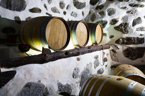 Wooden Oak Barrels At Wine Storeroom in Cellar