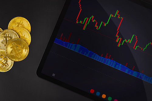 Bitcoin coins on financial charts on a tablet sceen for crypto currency prices