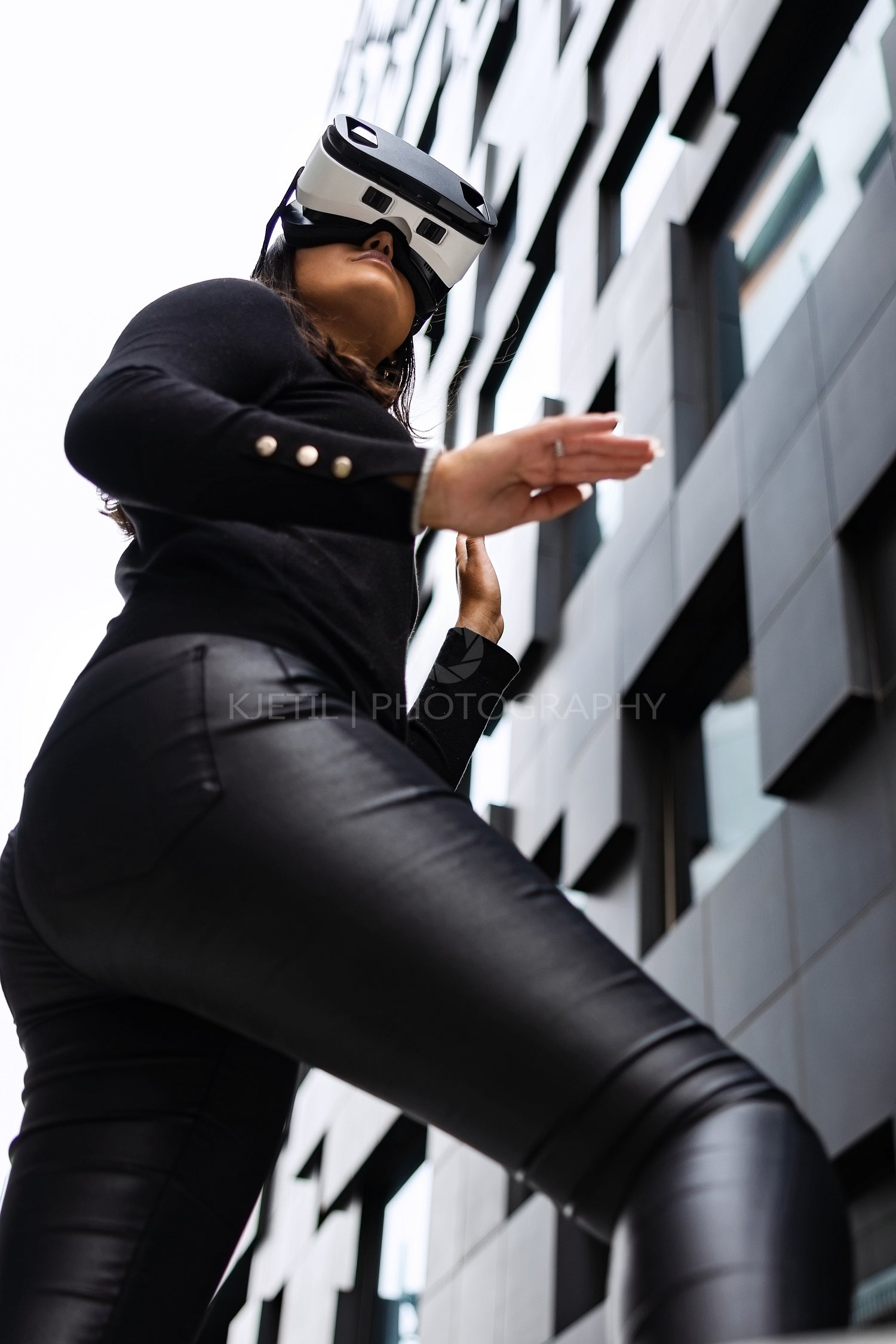 Focused Woman With VR Glasses In Futuristic and Urban City