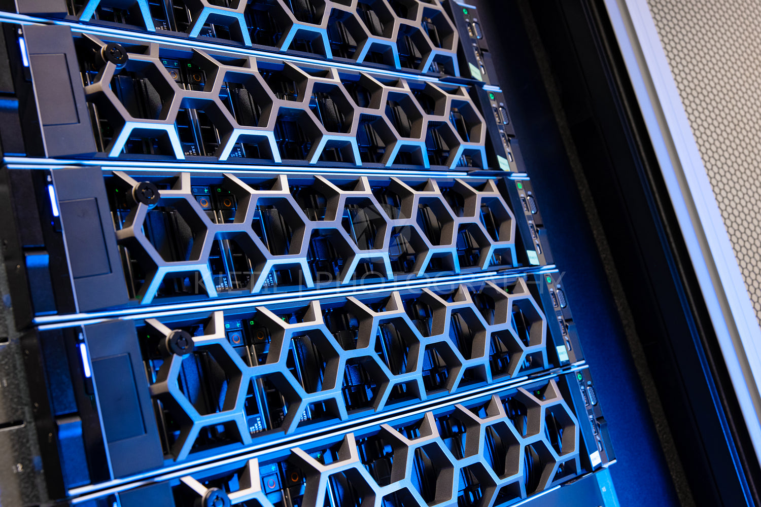 Modern Hardware Illuminated Blue In a Hyperconverged Datacenter Environment