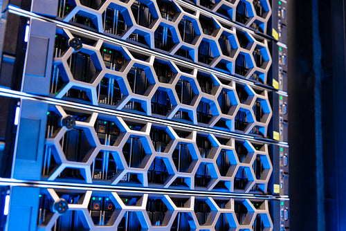 Virtual Modern Hard Drives In Illuminated Blue Datacenter