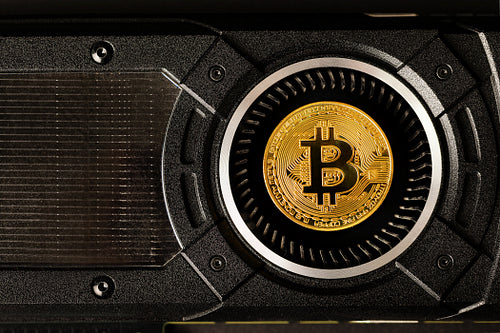 Gold bitcoin on crypto mining GPU computer hardware
