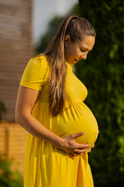 Beautiful pregnant woman in yellow dress and green hedge