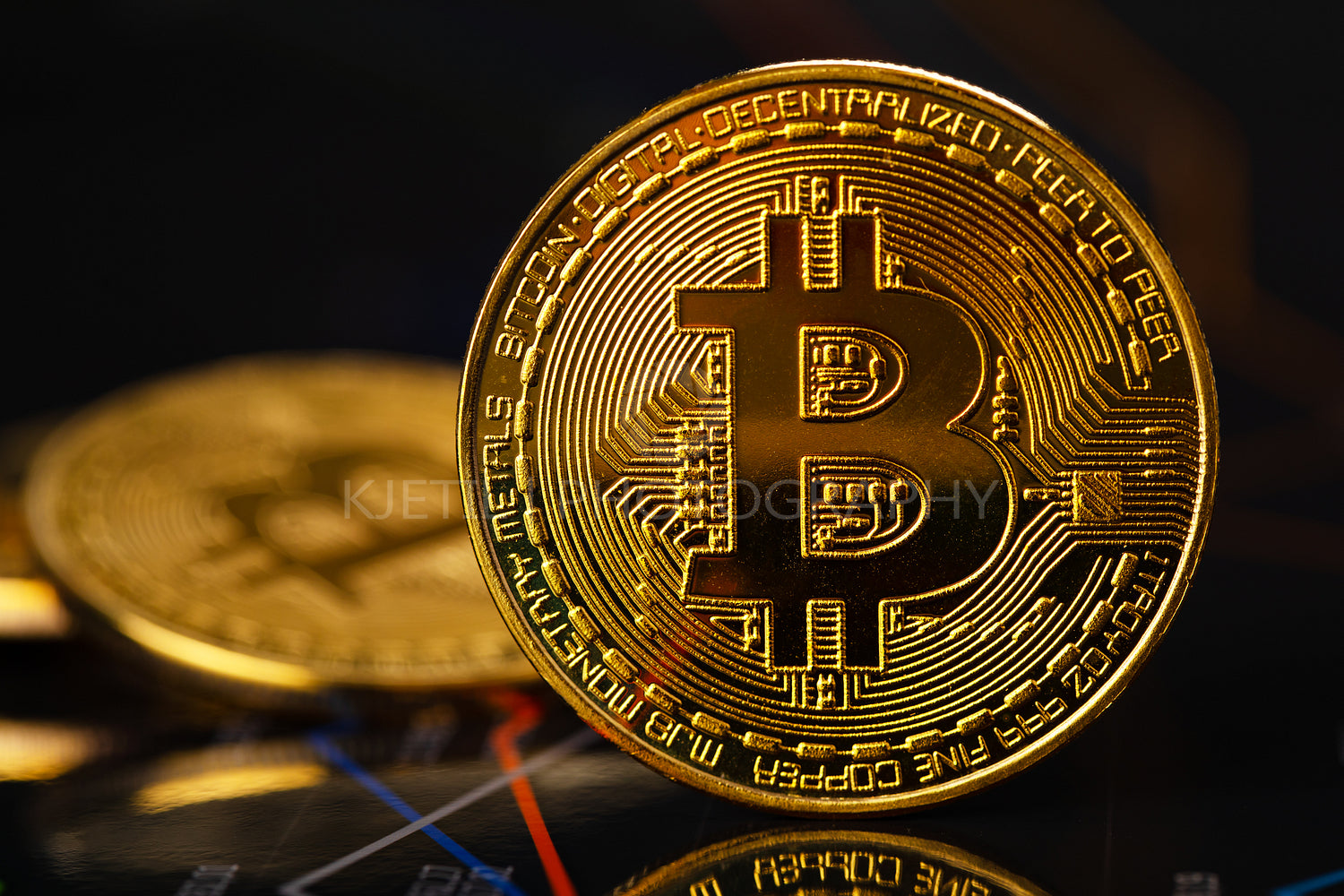 Gold bitcoin standing on financial charts for cryptocurrency prices