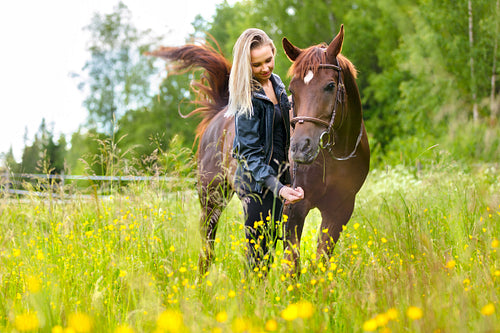 Happy woman feeding her arabian horse with snacks in the field