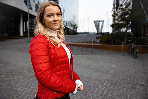 Portrait Of Beautiful Young Blonde Woman In City