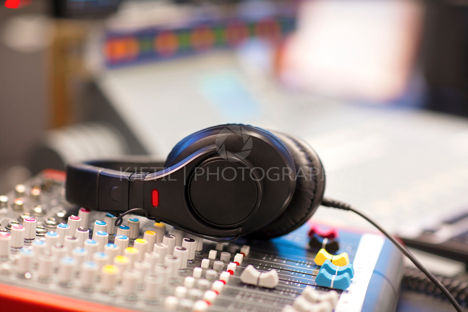 Headphones on Mixer Cord In Radio Studio