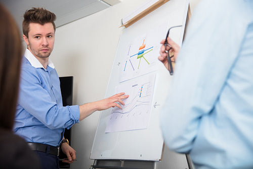 Businessman Touching Document On Flipchart While Giving Presenta