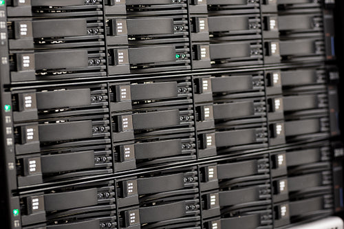 Close-up of Hard Drives In SAN At Large Datacenter
