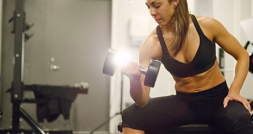 Healthy and well trained woman lifts weights at fitness gym