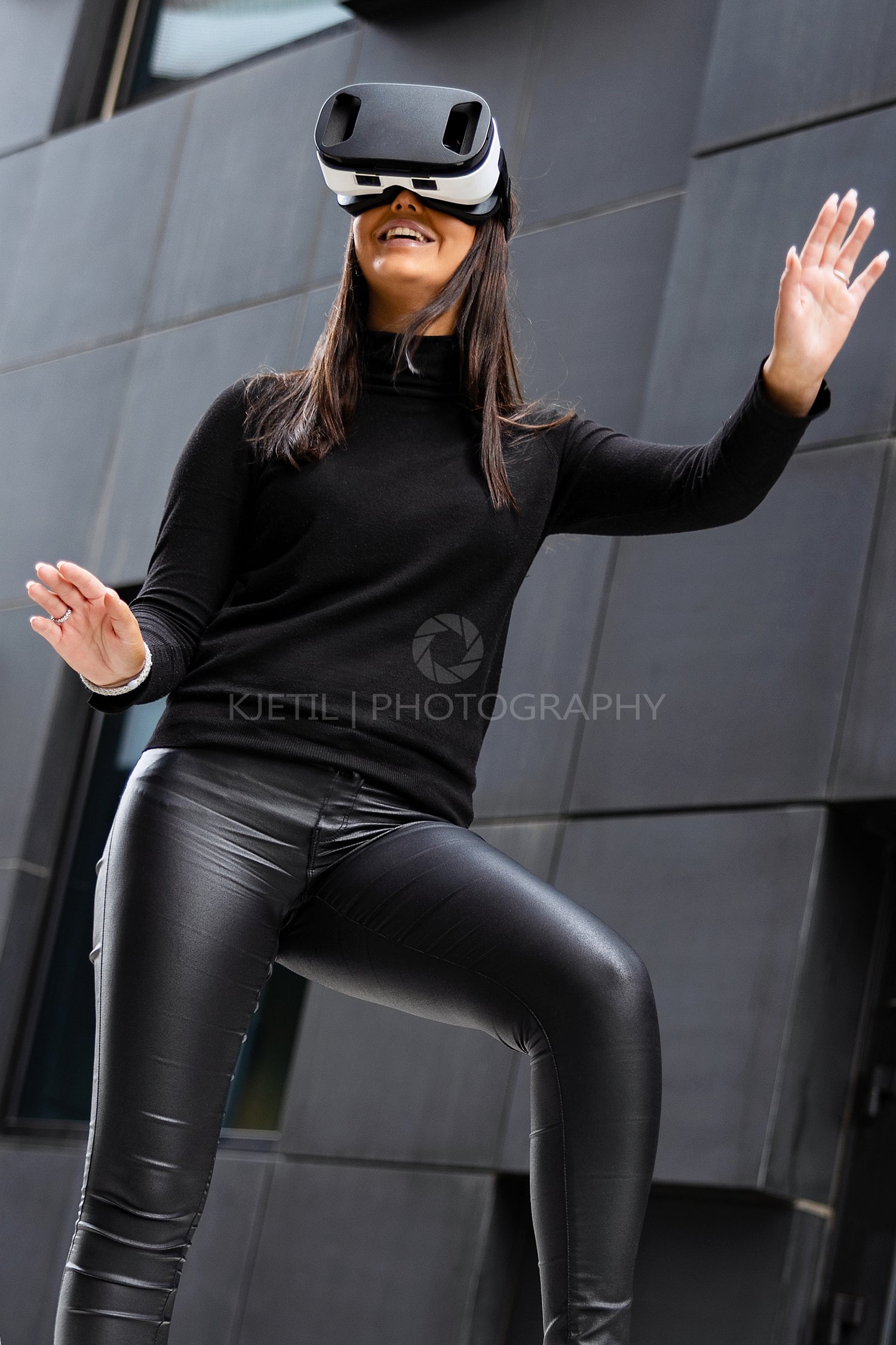 Woman Gesturing Using Virtual Reality Glasses In Metaverse Concept