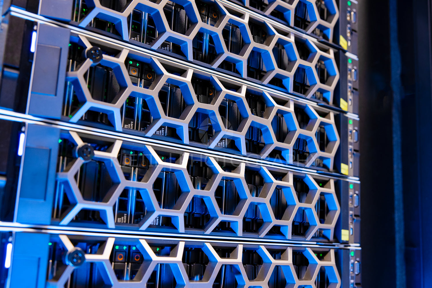 Virtual Modern Hard Drives In Illuminated Blue Datacenter