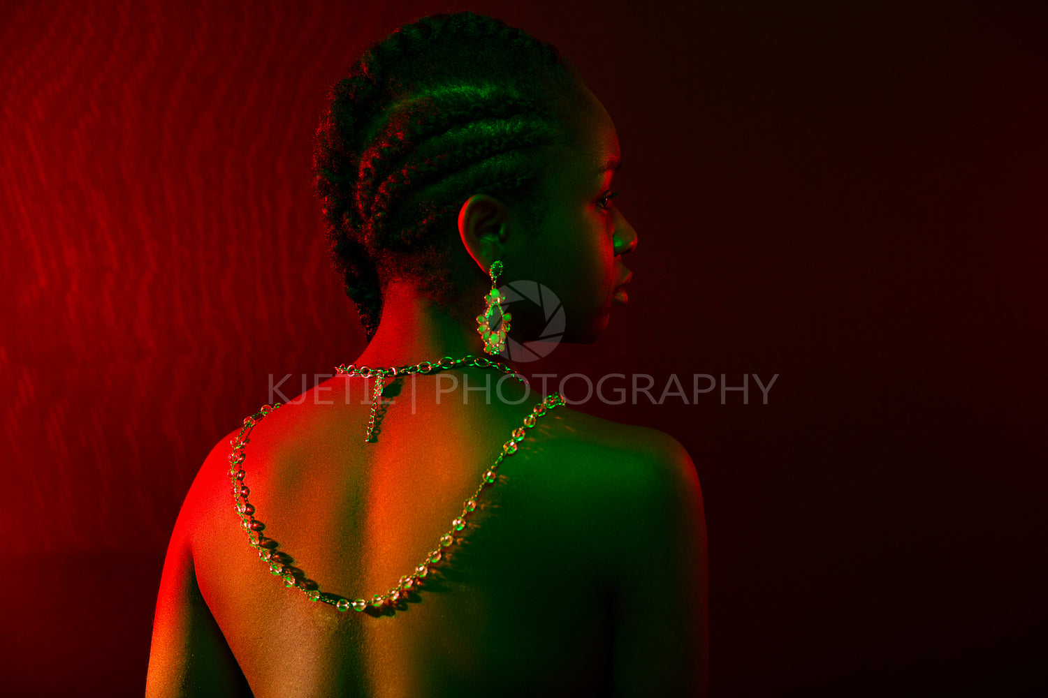 Colorful and creative portrait of pensive african womans back with dark skin