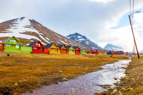 Row of colorful wooden houses at Longyearbyen in Svalbard