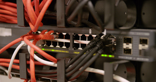 IT professional plug in network cable in switch at datacenter