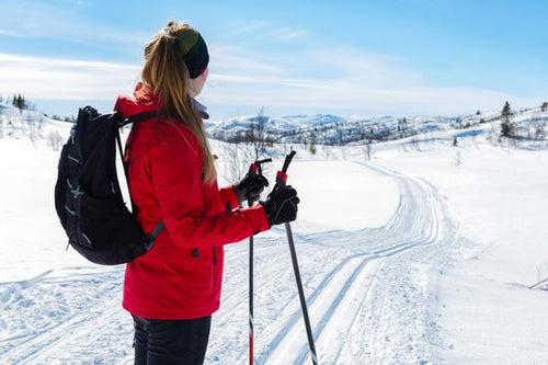 Woman cross country skiing in Norway on sunny day in beautiful winter landscape